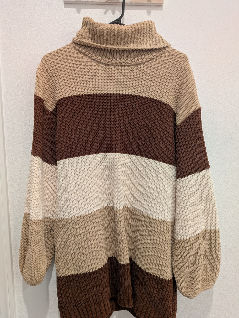 Lulu's Neutral Tone Striped Cowl Turtleneck Sweater Dress